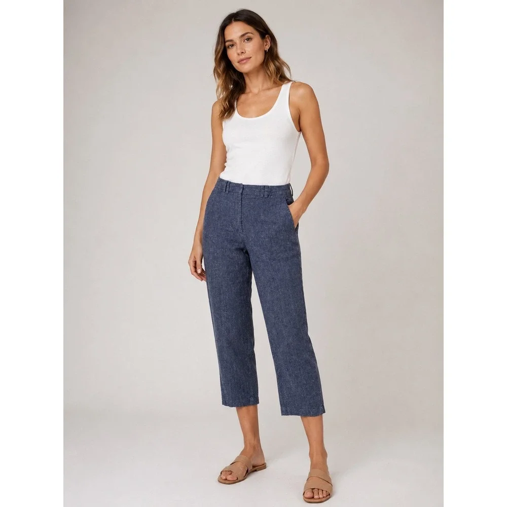 Brochu Walker Cropped‎ Pants Womens M Blue Cotton Linen Blend Coastal Minimalist